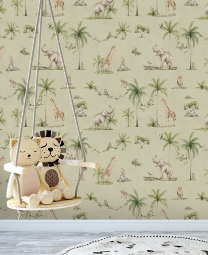 carta da parati murale verde per bambini chiamata Green Joyful Jungle di Kikki Belle per le camerette dei bambini carta da parati murale verde per bambini chiamata Green Joyful Jungle di Kikki Belle per le camerette dei bambini