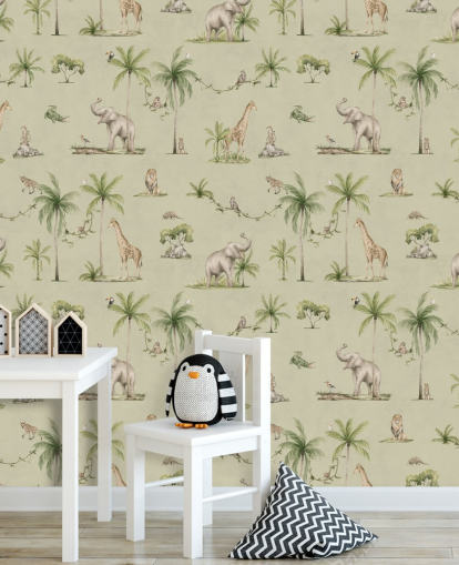 groene jungle behangmuurschildering voor kinderen genaamd Green Joyful Jungle van Kikki Belle voor kinderkamers