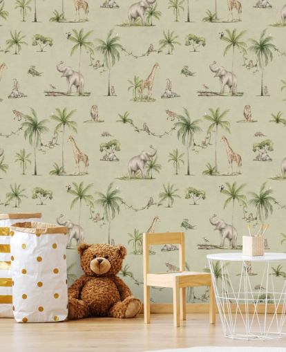 mural verde de la jungla infantil llamado Green Joyful Jungle de Kikki Belle para dormitorios de niños