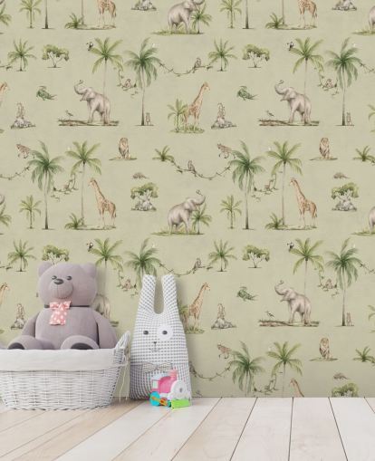 grüne Dschungel-Tapete für Kinder namens Green Joyful Jungle von Kikki Belle für Kinderzimmer grüne Dschungel-Tapete für Kinder namens Green Joyful Jungle von Kikki Belle für Kinderzimmer