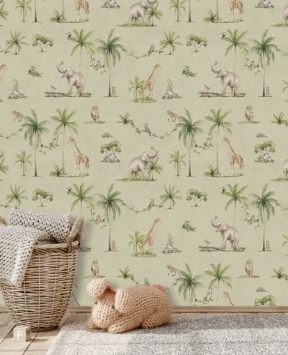 green children's jungle wallpaper mural called Green Joyful Jungle by Kikki Belle for kid's bedrooms