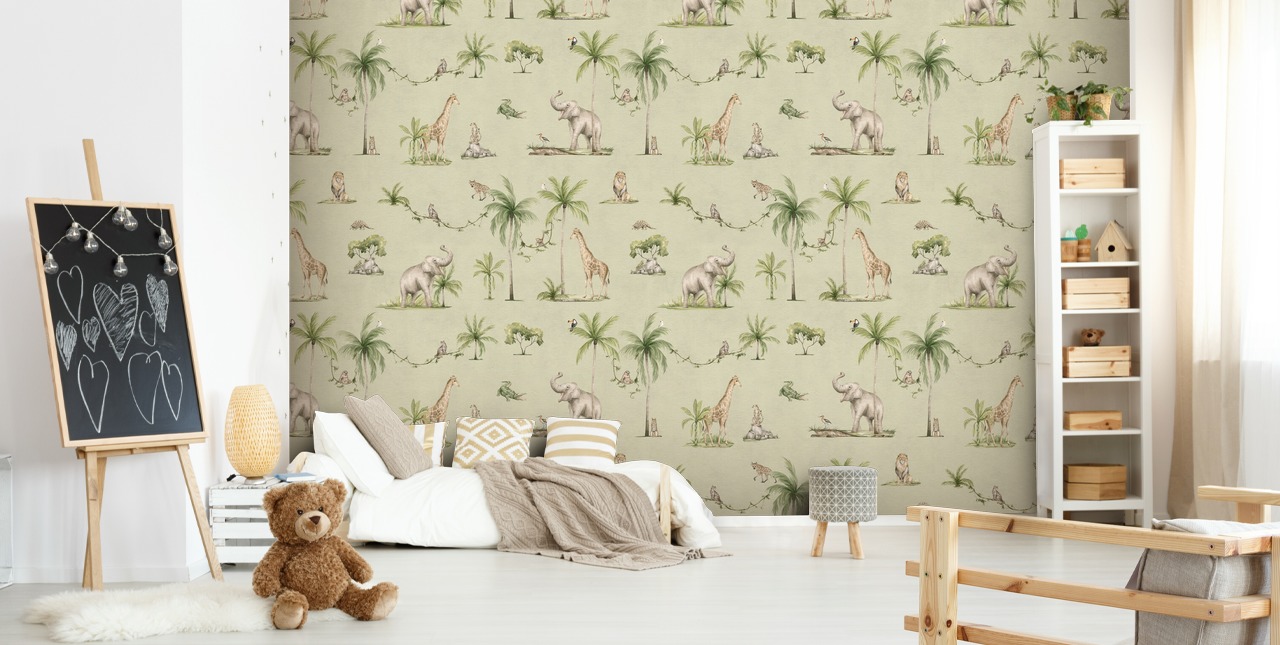 green children's jungle wallpaper mural called Green Joyful Jungle by Kikki Belle for kid's bedrooms