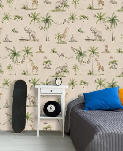 beige kids jungle wallpaper mural called Joyful Jungle by Kikki Belle for childrens bedrooms