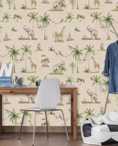 beige kinderjungle behangmuurschildering genaamd Joyful Jungle van Kikki Belle voor kinderkamers beige kinderjungle behangmuurschildering genaamd Joyful Jungle van Kikki Belle voor kinderkamers