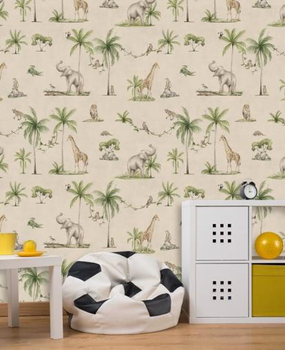 mural de papel de parede infantil bege chamado Joyful Jungle de Kikki Belle para quartos infantis