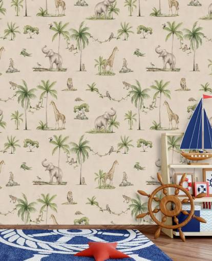 beige lasten viidakon taustakuvamaalaus nimeltä Joyful Jungle, kirjoittanut Kikki Belle lasten makuuhuoneisiin