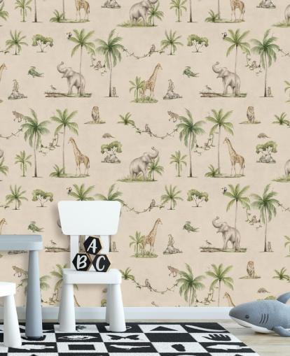 mural de papel pintado de la jungla para niños de color beige llamado Joyful Jungle de Kikki Belle para dormitorios infantiles mural de papel pintado de la jungla para niños de color beige llamado Joyful Jungle de Kikki Belle para dormitorios infantiles