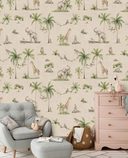 beige kids jungle wallpaper mural called Joyful Jungle by Kikki Belle for childrens bedrooms