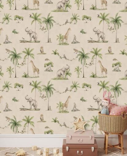 beige barndjungel tapetväggmålning som heter Joyful Jungle av Kikki Belle för barnens sovrum