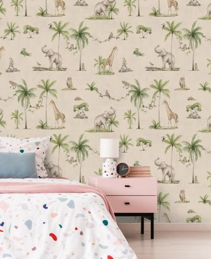 beige kids jungle wallpaper mural called Joyful Jungle by Kikki Belle for childrens bedrooms