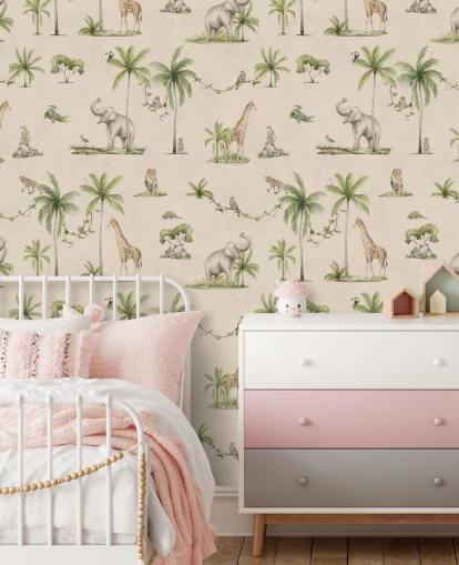 mural de papel de parede infantil bege chamado Joyful Jungle de Kikki Belle para quartos infantis mural de papel de parede infantil bege chamado Joyful Jungle de Kikki Belle para quartos infantis