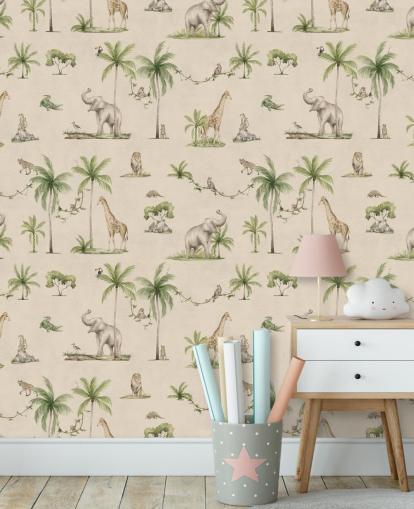 mural de papel pintado de la jungla para niños de color beige llamado Joyful Jungle de Kikki Belle para dormitorios infantiles