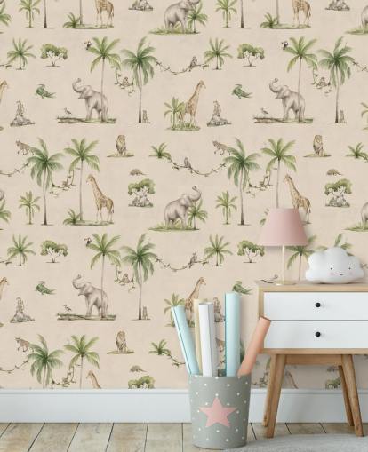 beige kinderjungle behangmuurschildering genaamd Joyful Jungle van Kikki Belle voor kinderkamers