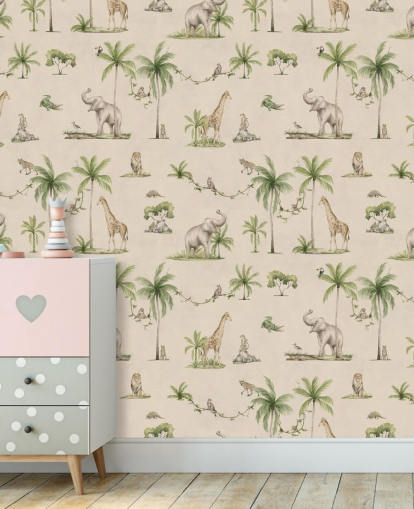 Beiges Wandbild mit Dschungel-Tapete für Kinder namens Joyful Jungle von Kikki Belle für Kinderzimmer