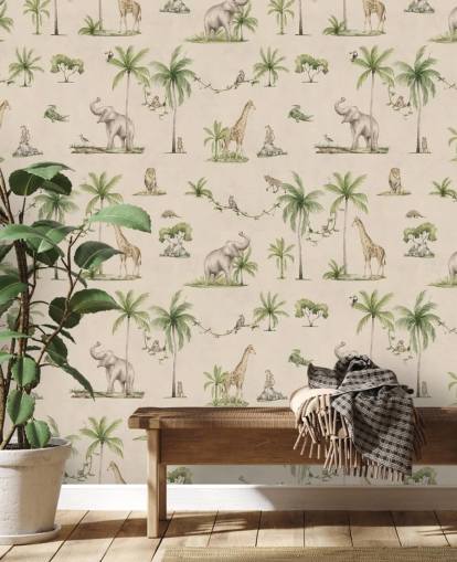 beige kids jungle wallpaper mural called Joyful Jungle by Kikki Belle for childrens bedrooms beige kids jungle wallpaper mural called Joyful Jungle by Kikki Belle for childrens bedrooms