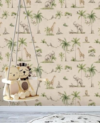 Beiges Wandbild mit Dschungel-Tapete für Kinder namens Joyful Jungle von Kikki Belle für Kinderzimmer