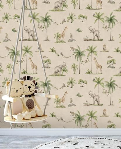 papier peint mural beige de la jungle pour enfants appelé Joyful Jungle par Kikki Belle pour les chambres d'enfants