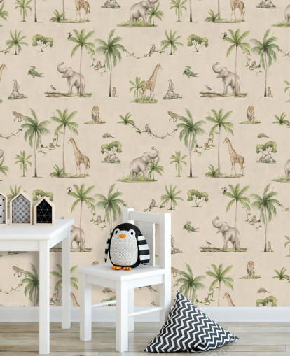 beige lasten viidakon taustakuvamaalaus nimeltä Joyful Jungle, kirjoittanut Kikki Belle lasten makuuhuoneisiin
