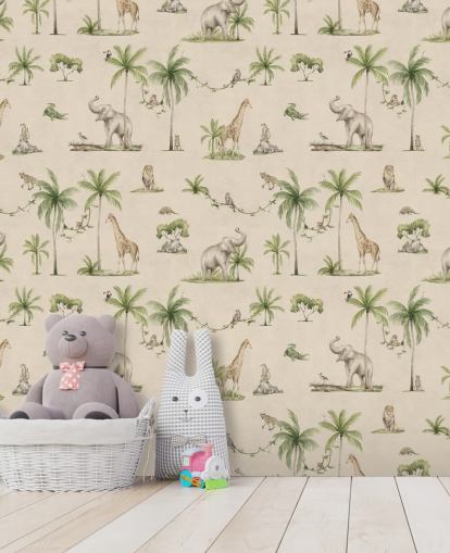 beige barndjungel tapetväggmålning som heter Joyful Jungle av Kikki Belle för barnens sovrum beige barndjungel tapetväggmålning som heter Joyful Jungle av Kikki Belle för barnens sovrum