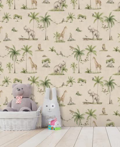 beige lasten viidakon taustakuvamaalaus nimeltä Joyful Jungle, kirjoittanut Kikki Belle lasten makuuhuoneisiin