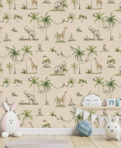 beige barnas jungel tapetmaleri kalt Joyful Jungle av Kikki Belle for barnas soverom