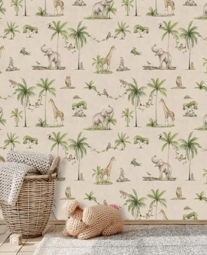 carta da parati murale beige per bambini chiamata Joyful Jungle di Kikki Belle per le camerette dei bambini carta da parati murale beige per bambini chiamata Joyful Jungle di Kikki Belle per le camerette dei bambini