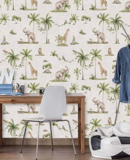 white children's jungle wallpaper mural called White Joyful Jungle by Kikki Belle for kids bedrooms