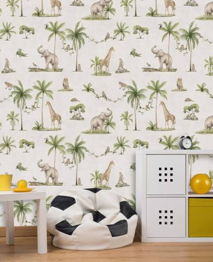 papier peint mural de la jungle blanche pour enfants appelé White Joyful Jungle par Kikki Belle pour les chambres d'enfants papier peint mural de la jungle blanche pour enfants appelé White Joyful Jungle par Kikki Belle pour les chambres d'enfants