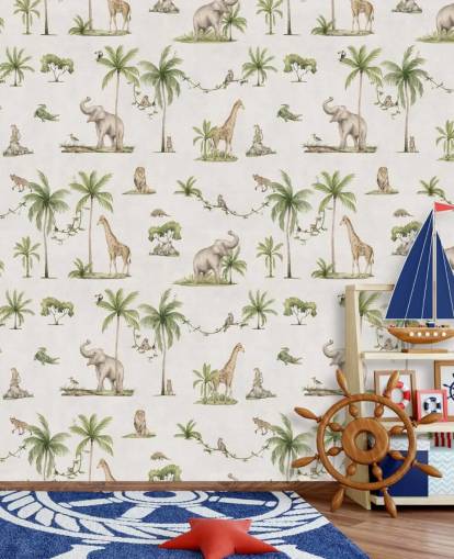 white children's jungle wallpaper mural called White Joyful Jungle by Kikki Belle for kids bedrooms