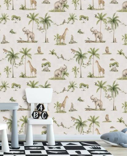 weiße Dschungel-Tapete für Kinder namens White Joyful Jungle von Kikki Belle für Kinderzimmer