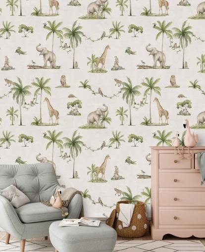 mural de papel pintado blanco de la jungla para niños llamado White Joyful Jungle de Kikki Belle para dormitorios infantiles