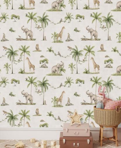 witte junglebehangmuurschildering voor kinderen genaamd White Joyful Jungle van Kikki Belle voor kinderkamers witte junglebehangmuurschildering voor kinderen genaamd White Joyful Jungle van Kikki Belle voor kinderkamers