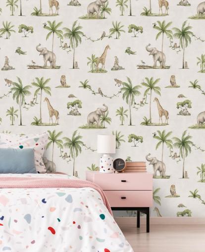 mural de papel de parede infantil branco chamado White Joyful Jungle de Kikki Belle para quartos infantis