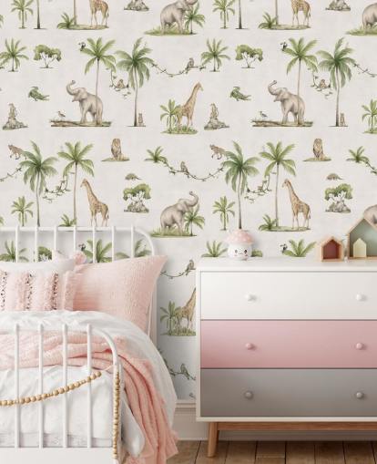 papier peint mural de la jungle blanche pour enfants appelé White Joyful Jungle par Kikki Belle pour les chambres d'enfants papier peint mural de la jungle blanche pour enfants appelé White Joyful Jungle par Kikki Belle pour les chambres d'enfants