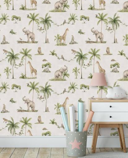 white children's jungle wallpaper mural called White Joyful Jungle by Kikki Belle for kids bedrooms