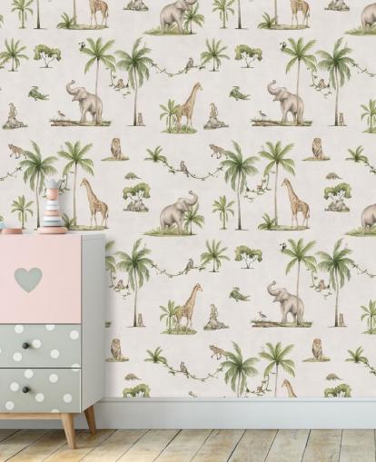 weiße Dschungel-Tapete für Kinder namens White Joyful Jungle von Kikki Belle für Kinderzimmer