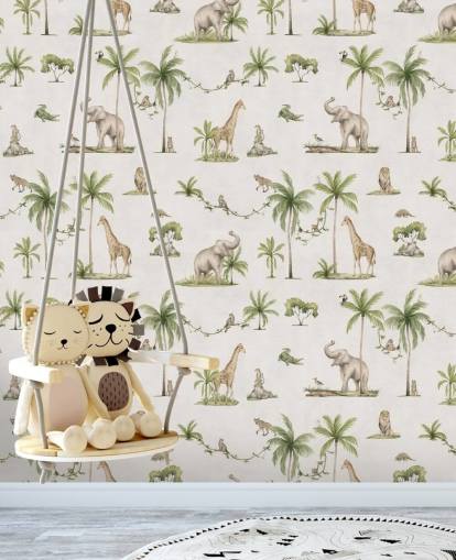 mural de papel pintado blanco de la jungla para niños llamado White Joyful Jungle de Kikki Belle para dormitorios infantiles