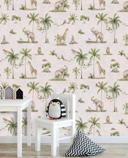 mural de papel pintado blanco de la jungla para niños llamado White Joyful Jungle de Kikki Belle para dormitorios infantiles mural de papel pintado blanco de la jungla para niños llamado White Joyful Jungle de Kikki Belle para dormitorios infantiles