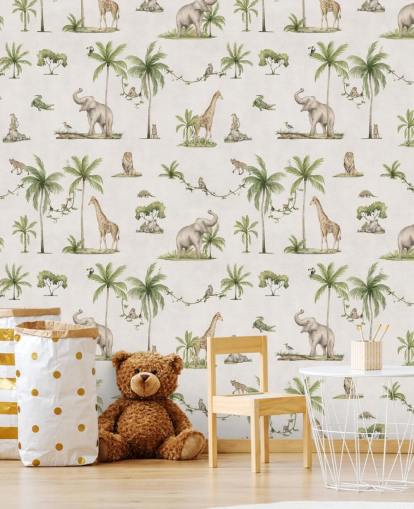 weiße Dschungel-Tapete für Kinder namens White Joyful Jungle von Kikki Belle für Kinderzimmer