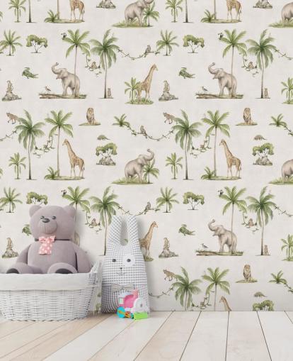 valkoinen lasten viidakon taustakuvamaalaus nimeltä White Joyful Jungle, kirjoittanut Kikki Belle lasten makuuhuoneisiin