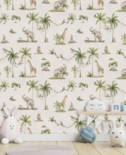 papier peint mural de la jungle blanche pour enfants appelé White Joyful Jungle par Kikki Belle pour les chambres d'enfants