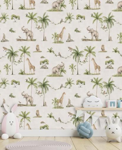 weiße Dschungel-Tapete für Kinder namens White Joyful Jungle von Kikki Belle für Kinderzimmer