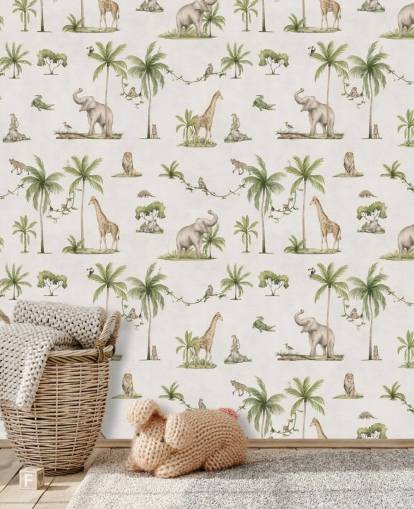 weiße Dschungel-Tapete für Kinder namens White Joyful Jungle von Kikki Belle für Kinderzimmer