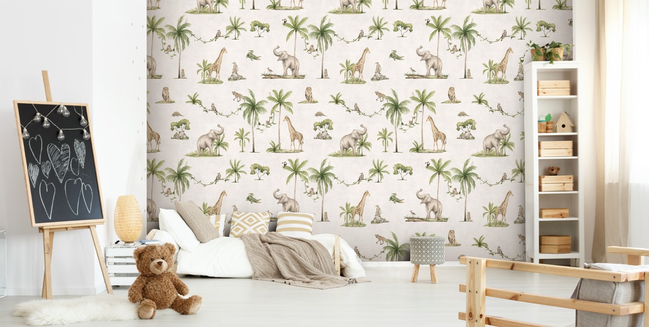 white children's jungle wallpaper mural called White Joyful Jungle by Kikki Belle for kids bedrooms