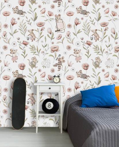 white and brown children's wallpaper called Merry Mice by Kikki Belle for children's bedrooms and a nursery