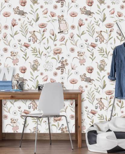 white and brown children's wallpaper called Merry Mice by Kikki Belle for children's bedrooms and a nursery white and brown children's wallpaper called Merry Mice by Kikki Belle for children's bedrooms and a nursery