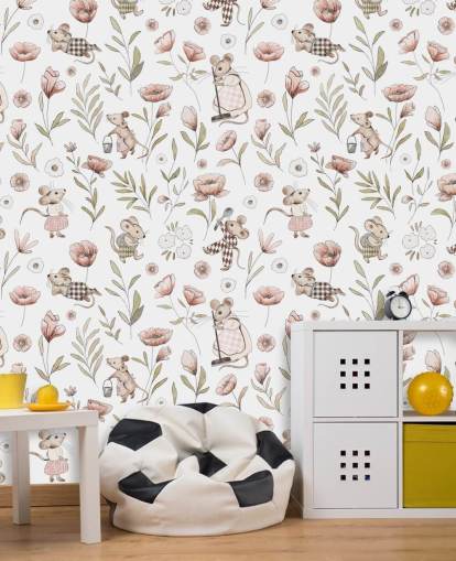 wit en bruin kinderbehang genaamd Merry Mice van Kikki Belle voor kinderkamers en een kinderkamer