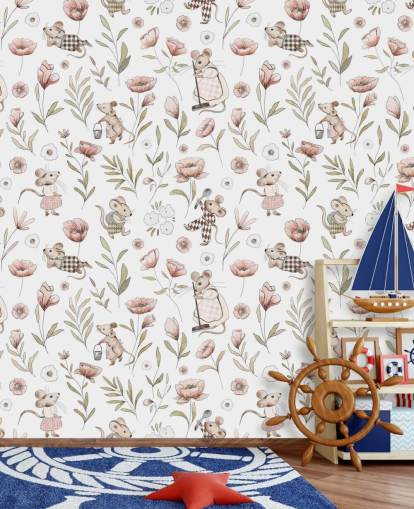papier peint pour enfants blanc et marron appelé Merry Mice de Kikki Belle pour les chambres d'enfants et une crèche