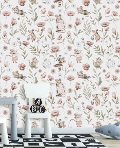 weiße und braune Kindertapete namens Merry Mice von Kikki Belle für Kinderzimmer und Kinderzimmer