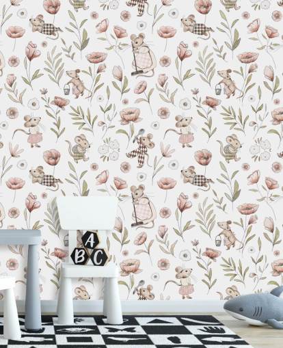 wit en bruin kinderbehang genaamd Merry Mice van Kikki Belle voor kinderkamers en een kinderkamer